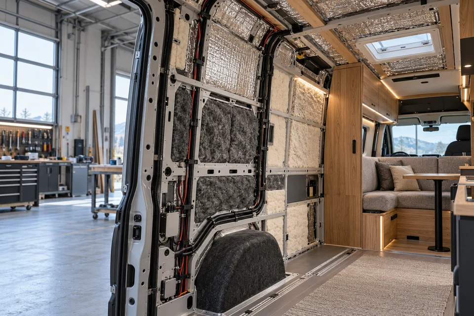 Ses ve ısı yalıtımı uygulanan modern karavan yaşam alanı